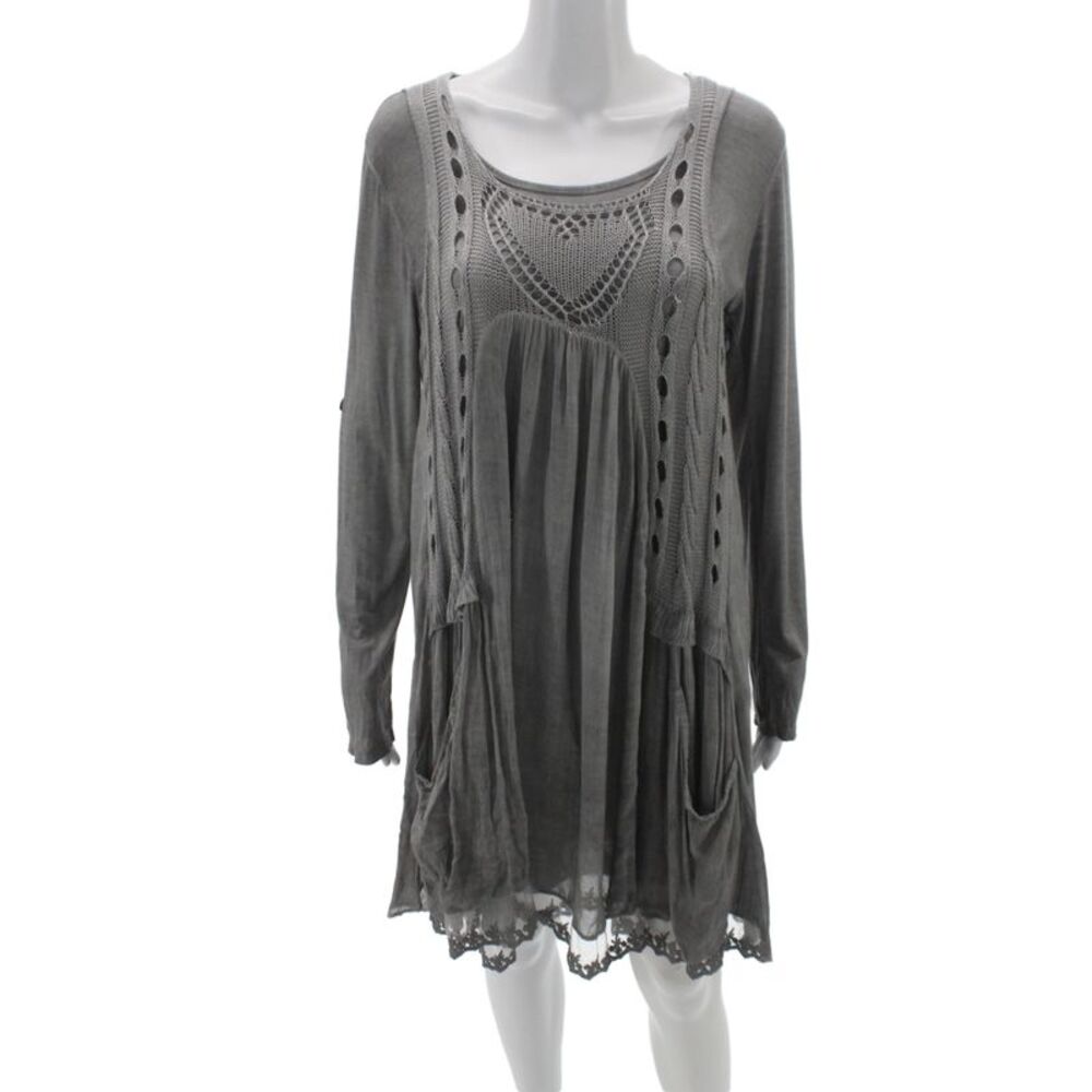 Scandal Womens Trapeze Swing Dress Gray Long Sleeve Scoop Neck Bohemian Size 4